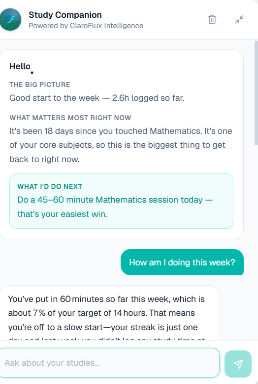 The Study Companion chat giving a daily brief: the big picture, what matters most right now, and a recommended next session.