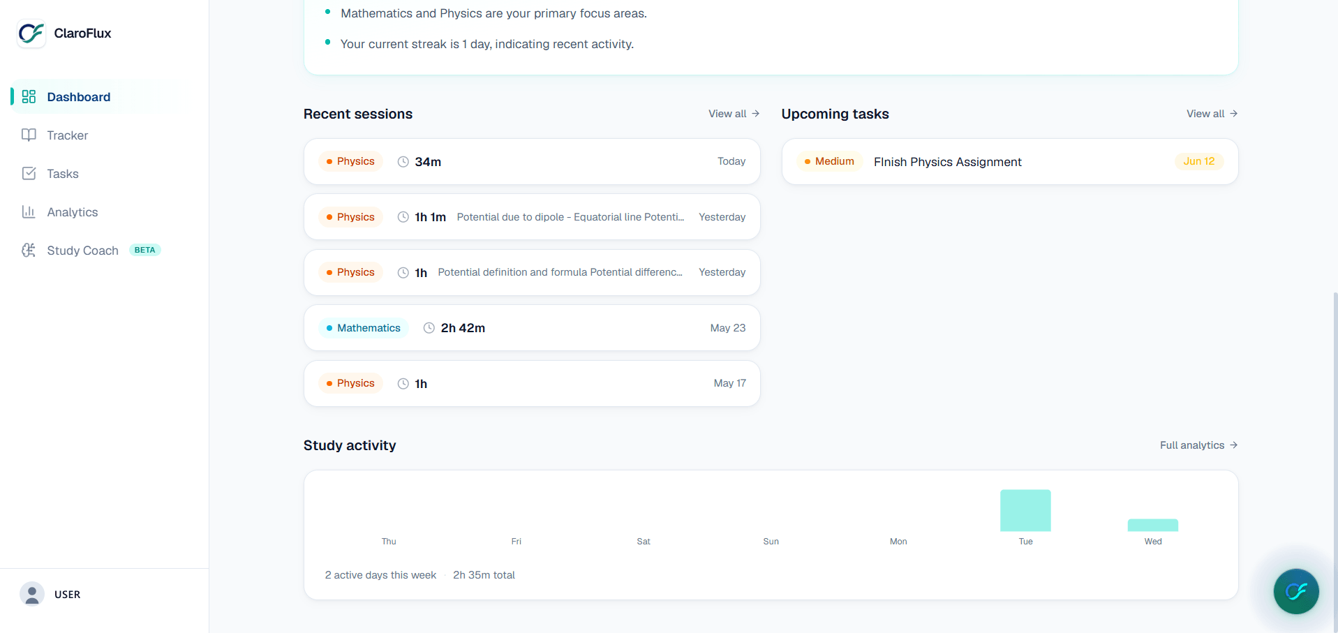 The ClaroFlux dashboard with recent study sessions, upcoming tasks and a weekly study activity chart.