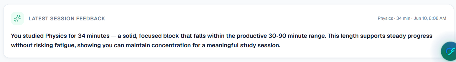 Session feedback from ClaroFlux: 'You studied Physics for 34 minutes — a solid, focused block that falls within the productive 30–90 minute range.'