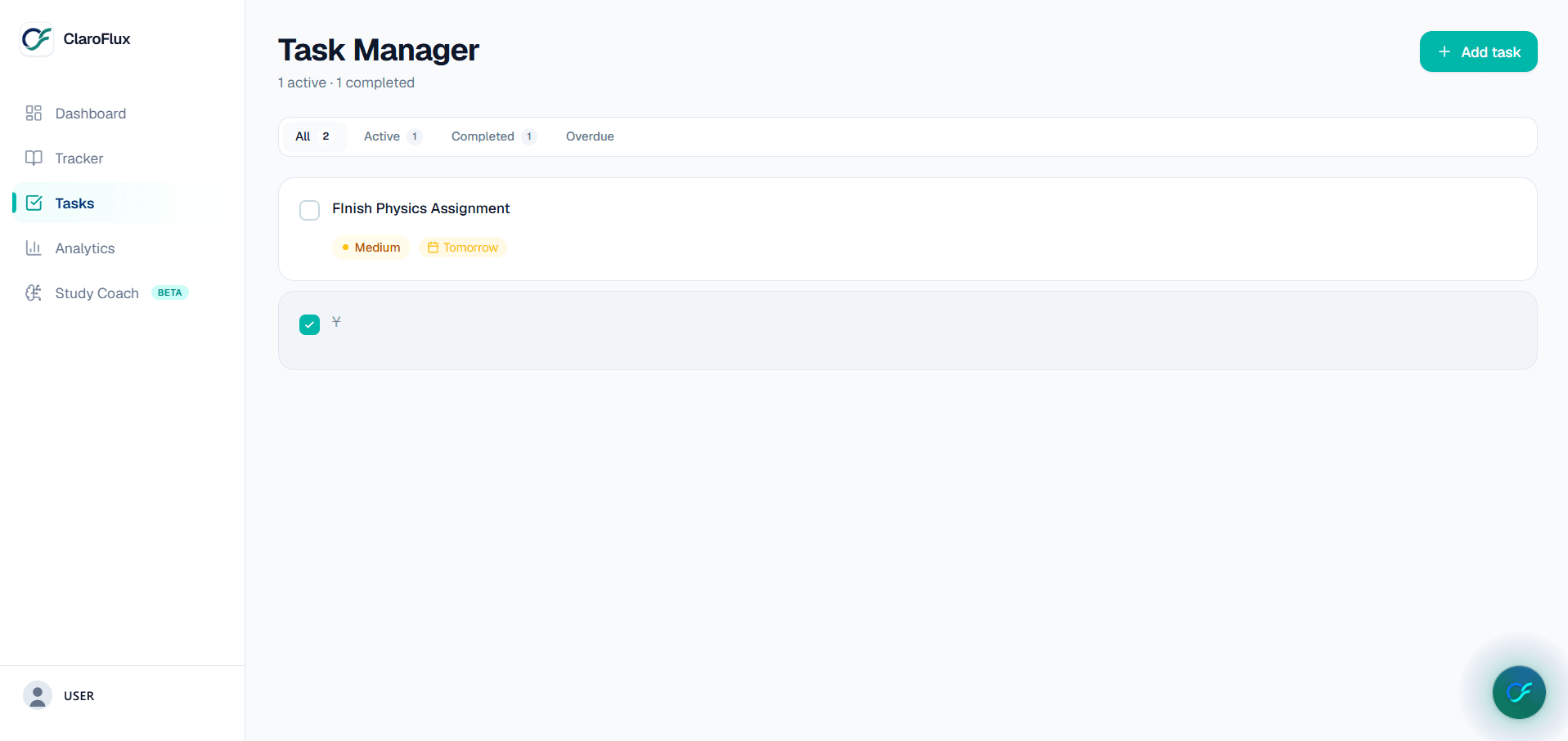 The ClaroFlux Task Manager with a physics assignment due tomorrow, priority badges and completion filters.