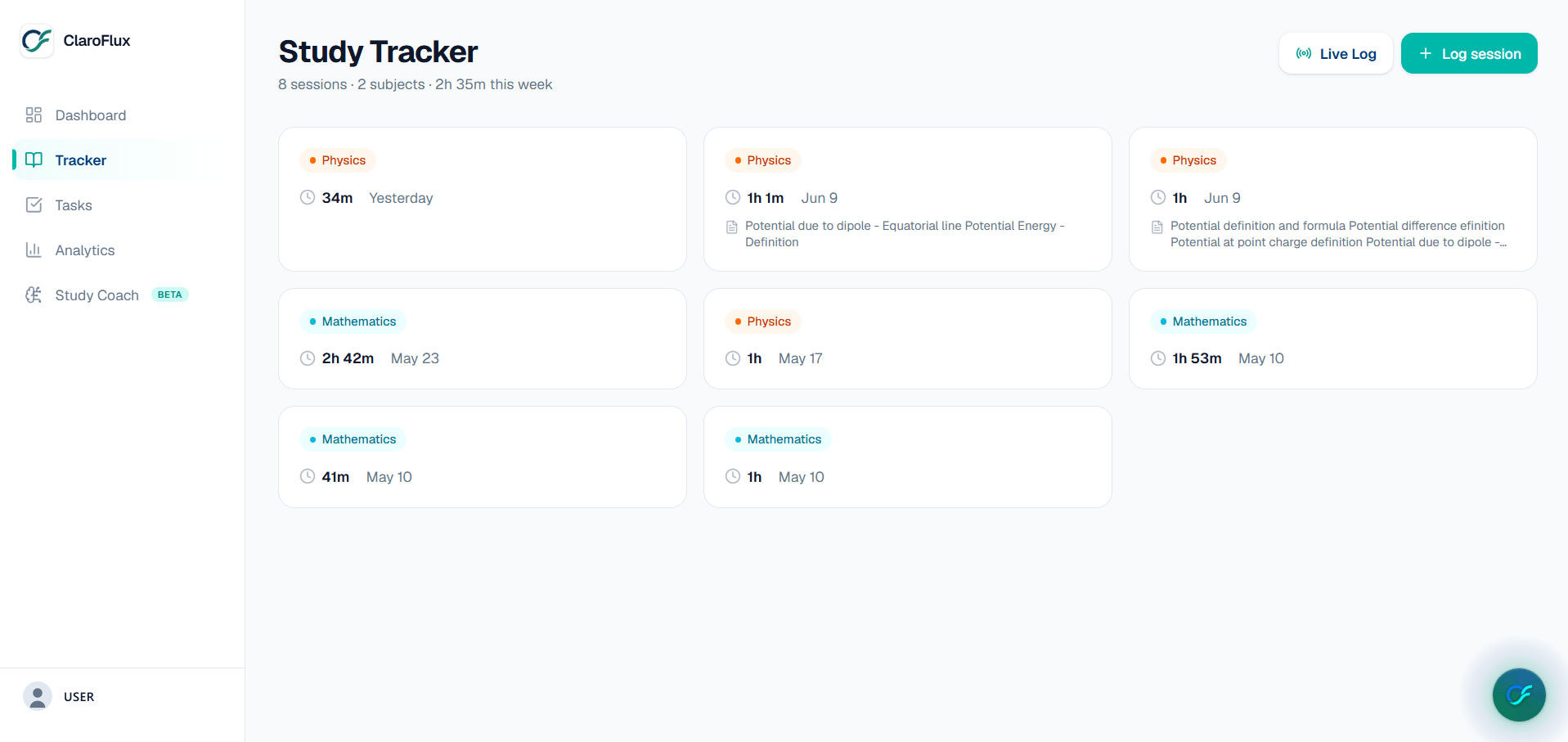 The ClaroFlux Study Tracker showing logged Physics and Mathematics sessions with durations, dates and topics covered.
